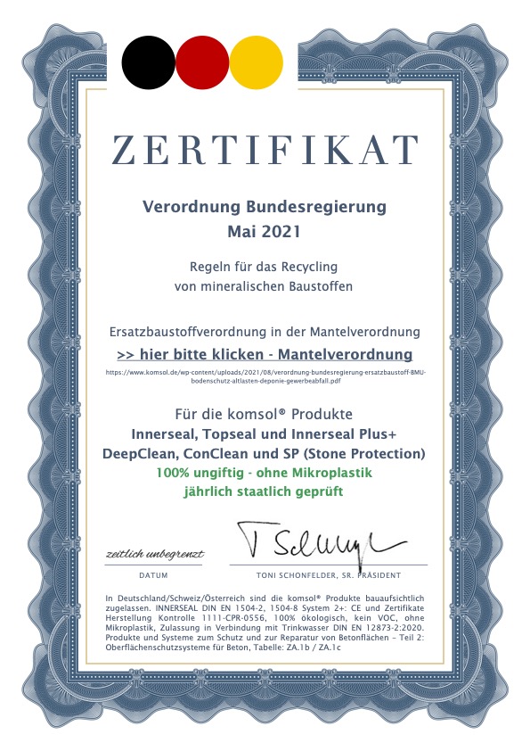 Zertifikat komsol innerseal ungiftig ohne mikroplastik Verordnung Bundesregierung recycling