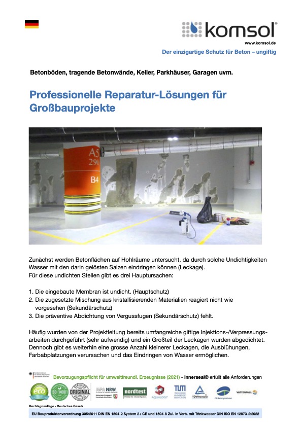 komsol professionelle Reparatur Loesungen Grossbauprojekte Innerseal Versiegelung Wasserglas Polysilikate