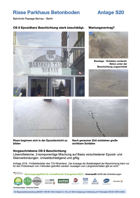 komsol Innerseal Betonboden Risse Passage Parkdeck Parkhaus OS 8 Beschichtung Epoxidharz beschaedigt