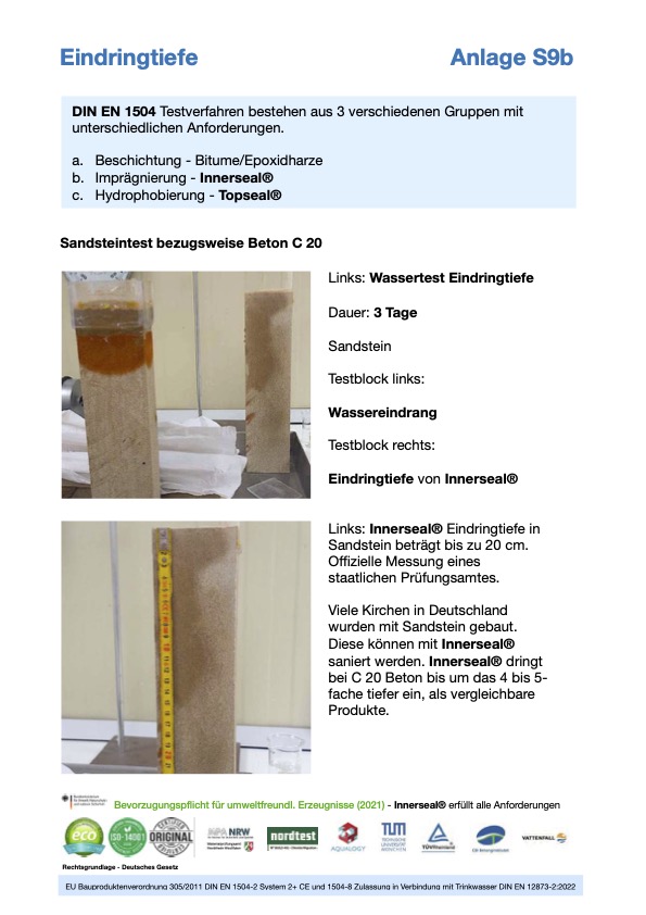 Anlage S9b komsol Innerseal Topseal Eindringtiefe BAM DIN EN 1504 Testverfahren Bitume Epoxidharze Sandstein Kirchen Sanierung