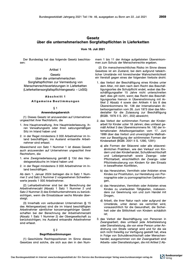 2024 Gesetz Sorgfaltspflicht Unternehmen Lieferketten 2021 Vermeidung Menschenrechtsverletzungen Lieferkettengesetz LkSG