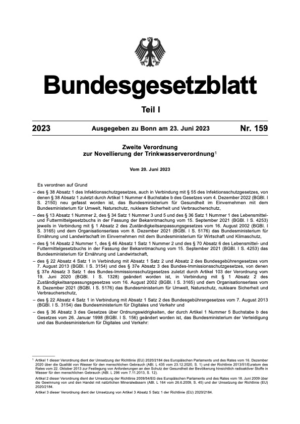 2024 Gesetz trinkwasserverordnung 2023 TrinkwV Qualitaet Nichttrinkwasseranlagen Wasserversorgungsanlagen